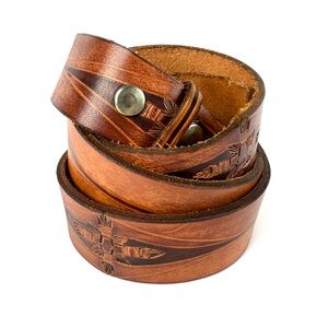 Vintage Tan Stamped Leather Western Belt Unisex Size OS Full Grain